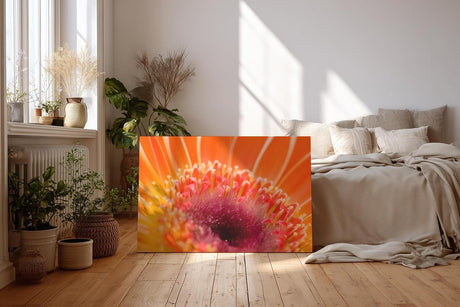 Sinus Art Wandbild 120x80cm Leuchtendes Orange und zartes Pink verschmelzen zu einem floralen Energiezentrum