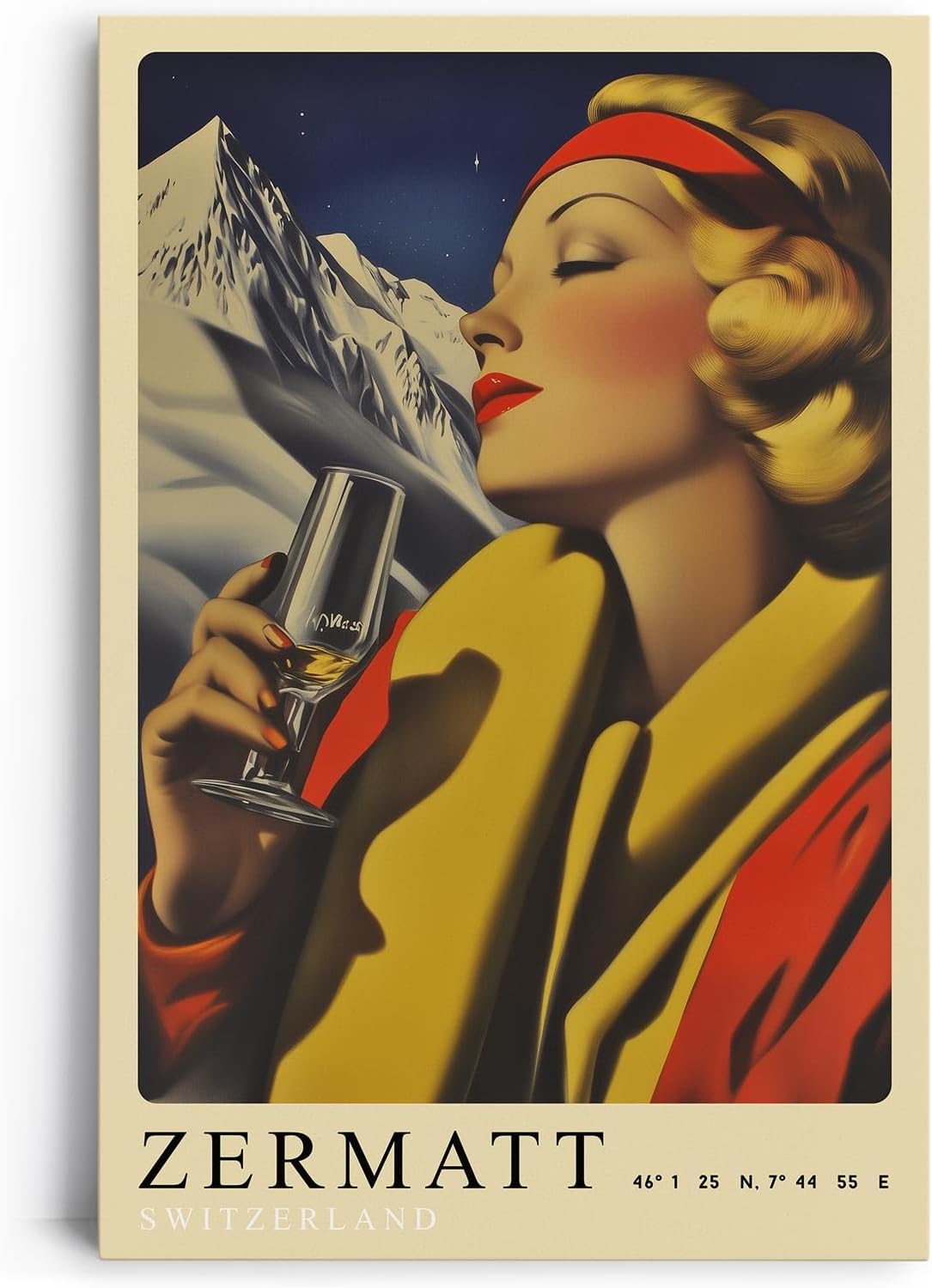 Paul Sinus Leinwandbild 40x60cm Leinwandbild Retro Lady Zermatt Alpen Eleganz Vintage Stil Genuss Kunst Schweiz stilvolle Berglandschaft Nostalgie