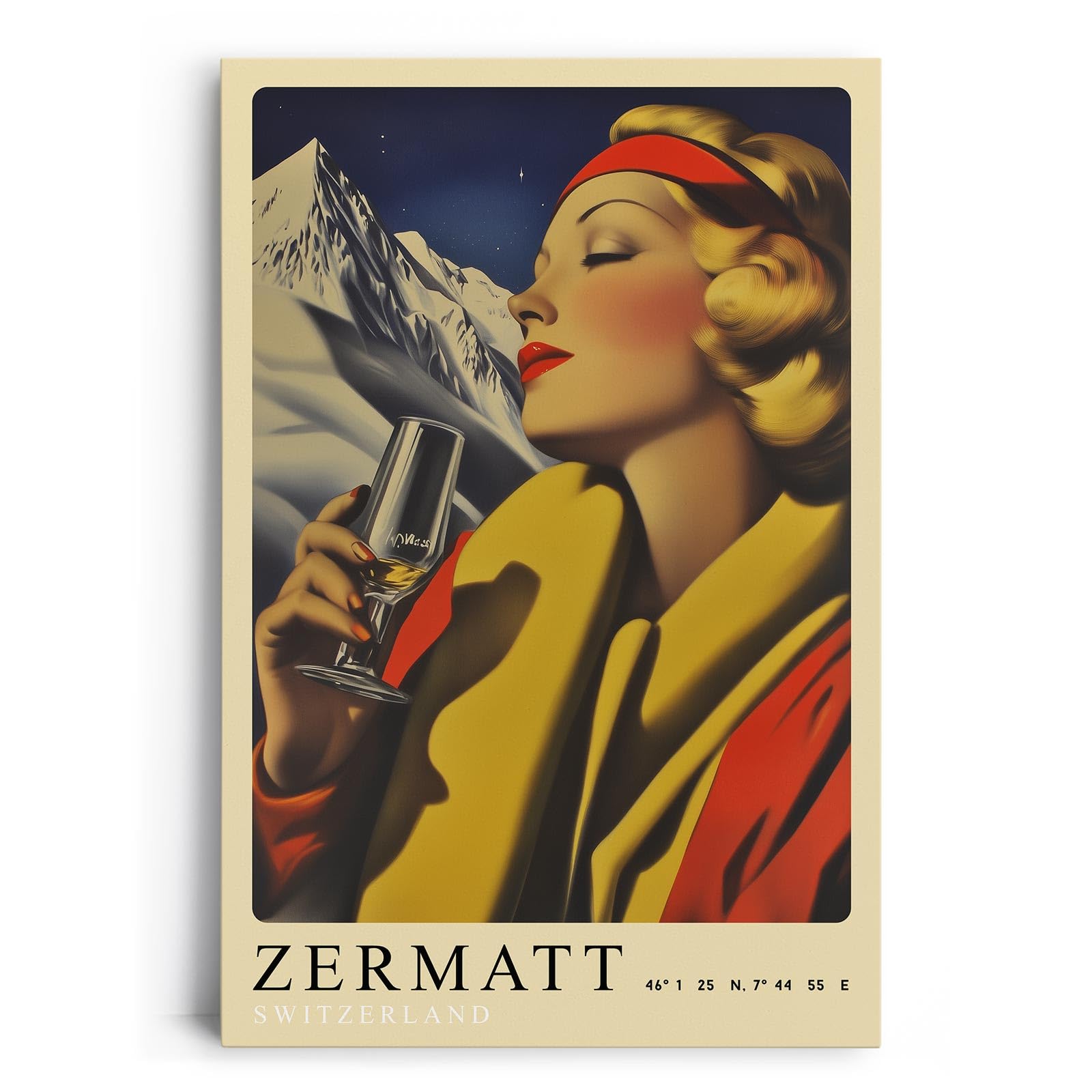 Paul Sinus Leinwandbild 40x60cm Leinwandbild Retro Lady Zermatt Alpen Eleganz Vintage Stil Genuss Kunst Schweiz stilvolle Berglandschaft Nostalgie