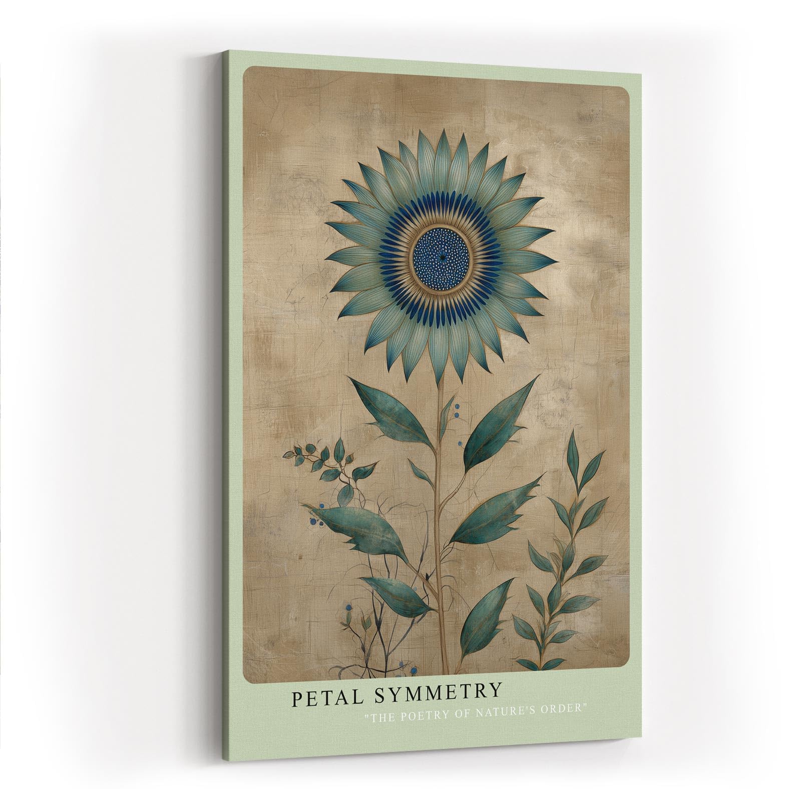 Paul Sinus Wandbild in 40x60cm Petal Symmetry stilisierte Sonnenblume in Blauund Grüntönen elegante Naturkunst auf Leinwand