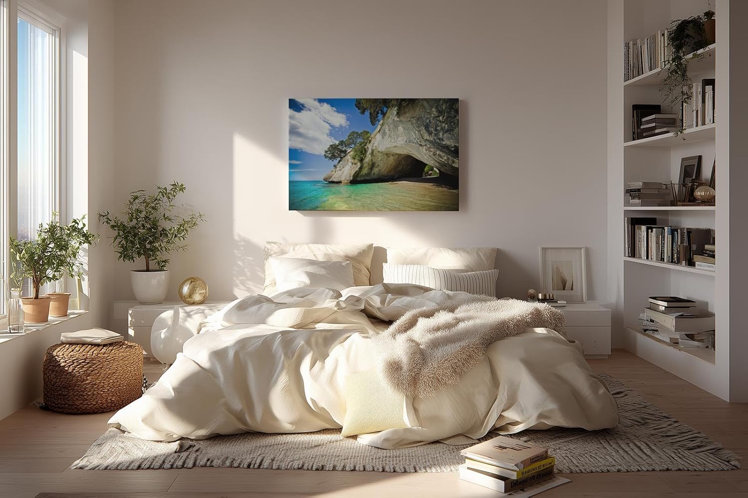 Sinus Art Wandbild 120x80cm Strahlende Küstenszene mit Felsüberhang, Sandstrand und klarem türkisfarbenem Meer