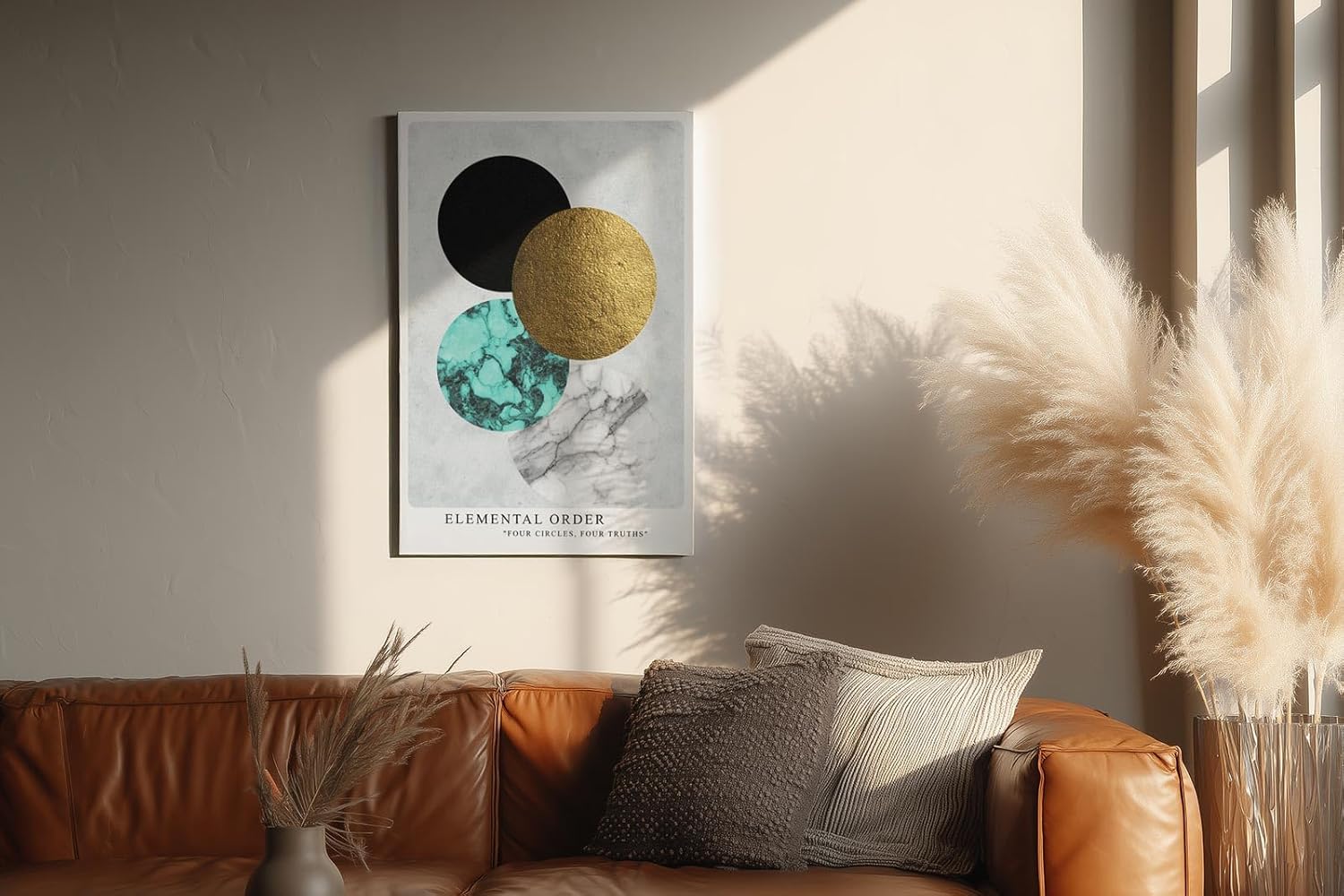 Paul Sinus Wandbild in 40x60cm Elemental Order – Minimalistische Vierkreiskomposition in Schwarz, Gold, Türkis und Marmorstruktur