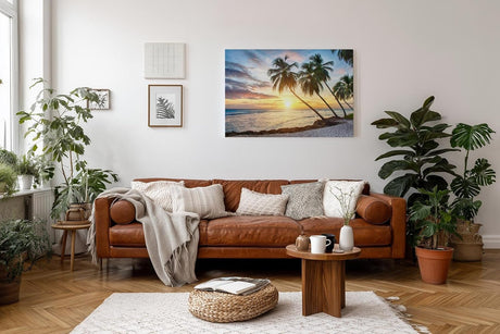 Sinus Art Wandbild 120x80cm Stimmungsvolles Motiv mit Palmen, Sandstrand und Sonnenuntergang – ideal für entspannte Raumgestaltung