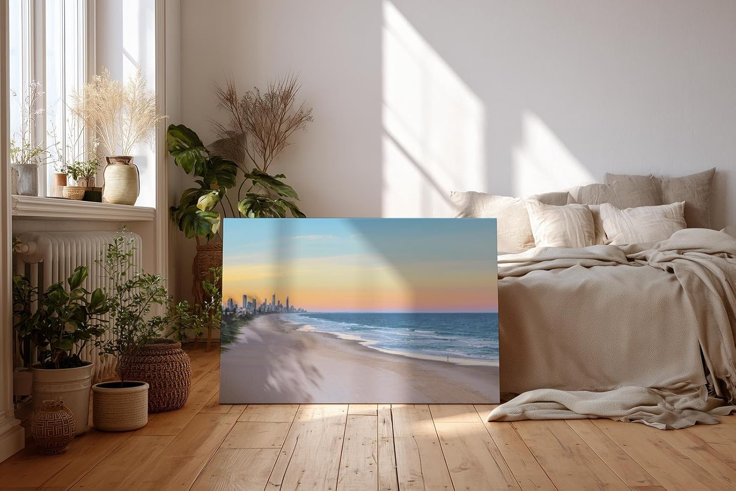 Sinus Art Wandbild 120x80cm Strand und Skyline in perfekter Balance – modernes Motiv zwischen Natur und Stadt