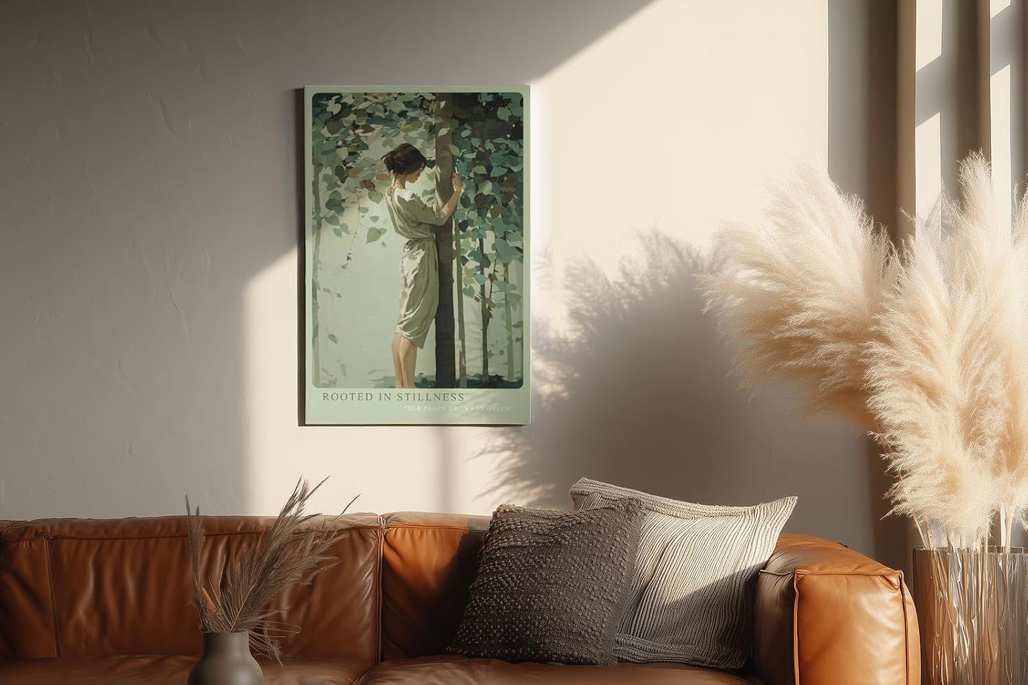 Paul Sinus Wandbild in 40x60cm Rooted in Stillness – Sanftes Porträt einer Frau, die inmitten grüner Blätter einen Baum umarmt, moderne Bilder in beruhigenden Naturtönen