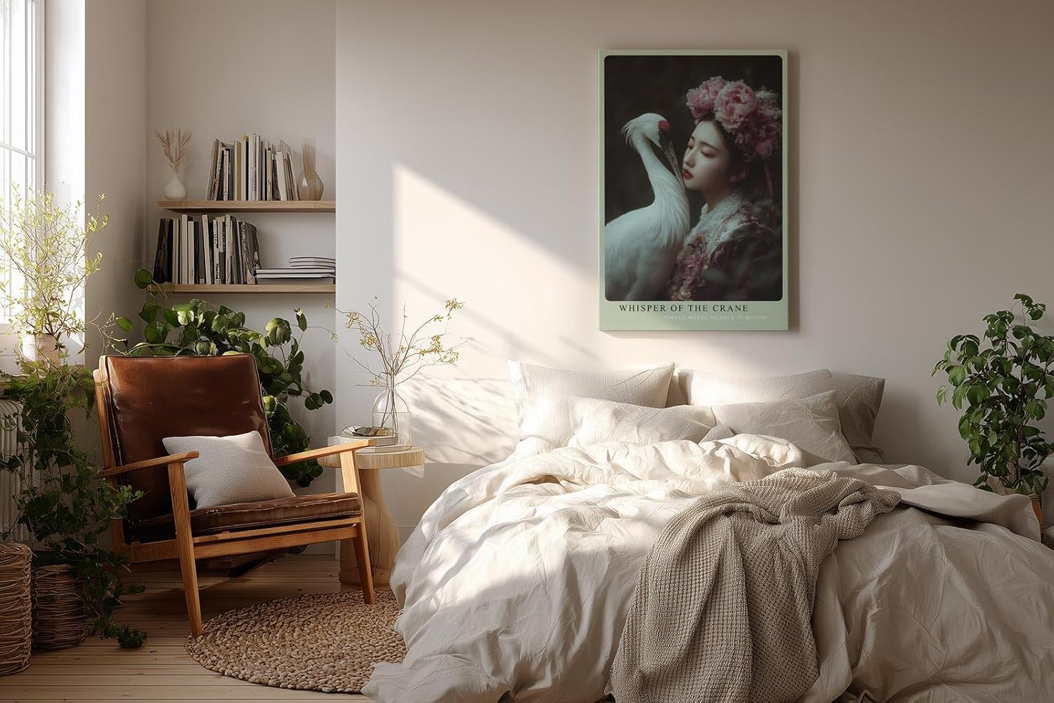 Paul Sinus Wandbild in 40x60cm Asiatische Schönheit in floraler Pracht mit Kranich in anmutiger Pose