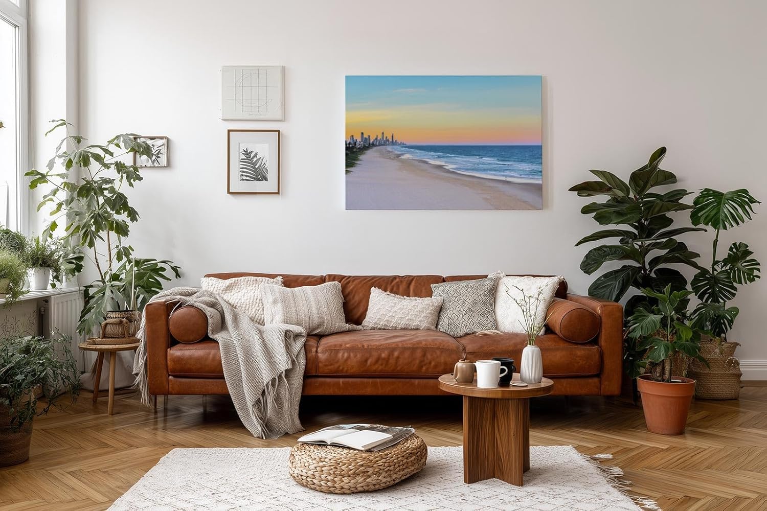 Sinus Art Wandbild 120x80cm Strand und Skyline in perfekter Balance – modernes Motiv zwischen Natur und Stadt