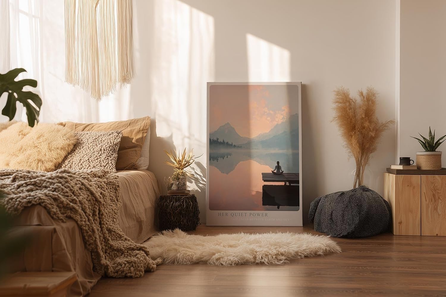 Paul Sinus Wandbild in 40x60cm Her Quiet Power – Meditatives Landschaftsmotiv mit Frau auf einem Steg, Blick auf spiegelnden See und Berge im Sonnenaufgang, moderne Bilder in sanften Farbtönen