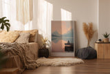 Paul Sinus Wandbild in 40x60cm Her Quiet Power – Meditatives Landschaftsmotiv mit Frau auf einem Steg, Blick auf spiegelnden See und Berge im Sonnenaufgang, moderne Bilder in sanften Farbtönen