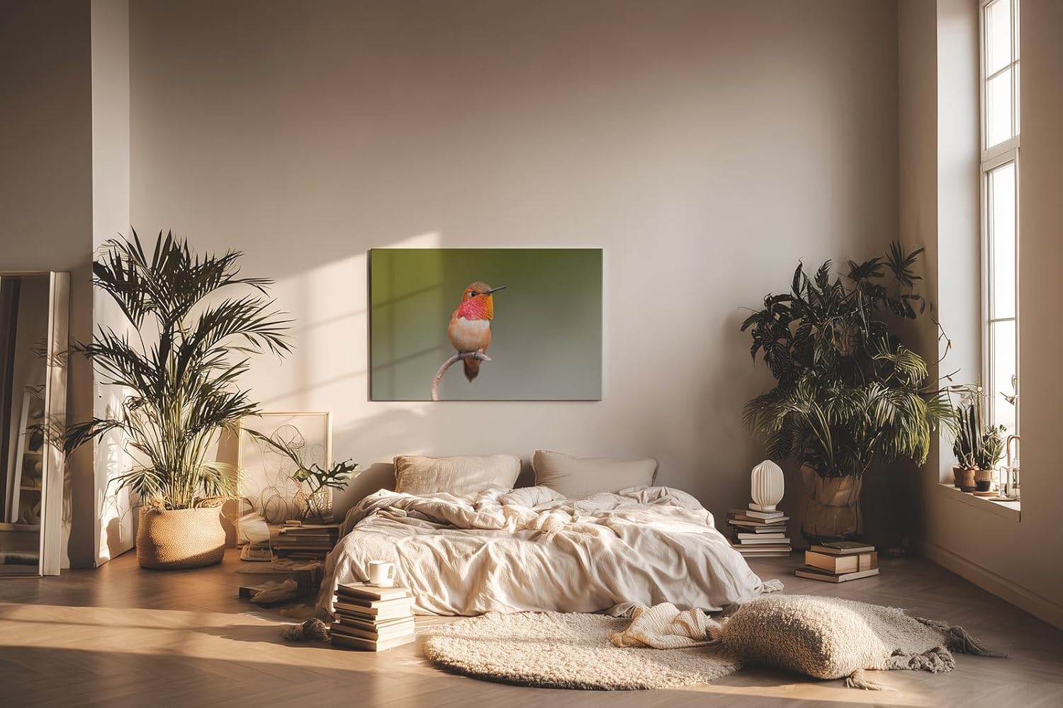 Sinus Art Wandbild 120x80cm Faszinierendes Kolibri-Motiv mit warmen Tönen auf ruhigem Hintergrund für naturnahe Ästhetik