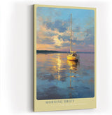 Paul Sinus Wandbild in 40x60cm Segelboot im Morgenlicht auf ruhigem Wasser – maritimes Kunstwerk mit goldener Reflexion und sanftem Himmel