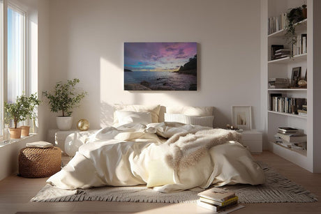 Sinus Art Wandbild 120x80cm Dramatisch ruhige Szene einer felsigen Küste bei Sonnenuntergang in pastelligen Tönen