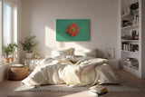 Sinus Art Wandbild 120x80cm Zentrierte rote Zinnienblüte auf grünem Blattmuster – harmonisch, lebendig und modern