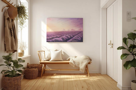 Sinus Art Wandbild 120x80cm Friedliche Landschaft mit Lavendelreihen und weichem Abendlicht für stimmungsvolle Atmosphäre