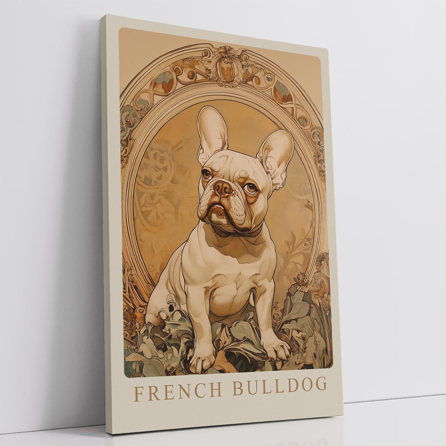Paul Sinus Leinwandbild 40x60cm French Bulldog – Edles Leinwandbild einer französischen Bulldogge in kunstvollem Jugendstil-Rahmen, warmes Vintage-Design