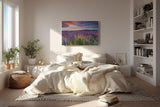 Sinus Art Wandbild 120x80cm Leuchtende Lupinen in Violett, Pink und Gelb vor einem dramatischen Abendhimmel