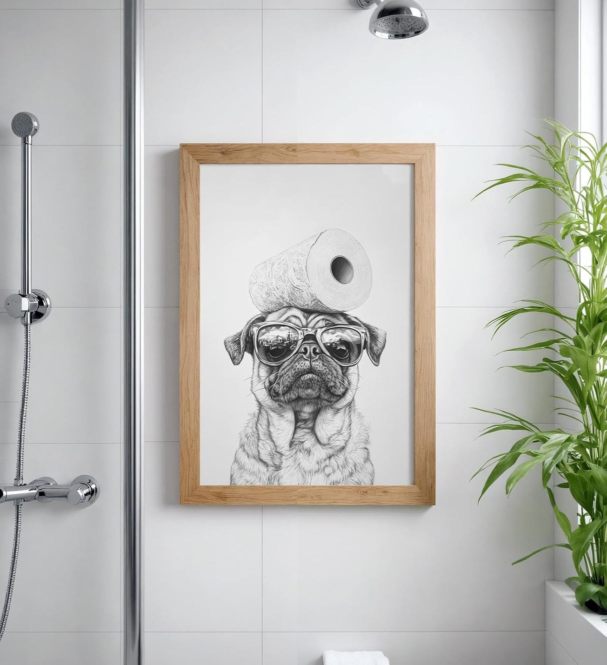 Paul Sinus Poster/Leinwandbild/Rahmenoption – Cooler Mops mit Klopapier – Lustige WC-Deko für dein Badezimmer
