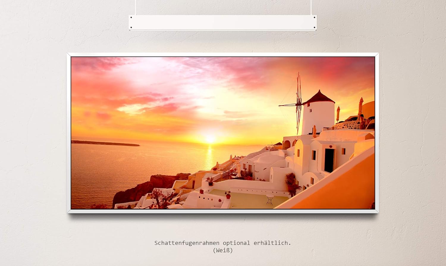 Santorini Stadt Landschaft ca. 130x70cm Wandbild inklusive Schattenfugenrahmen weiss - Panorama Leinwand Bild XXL Format Wandbilder Wohnzimmer Wohnung Deko Kunstdrucke