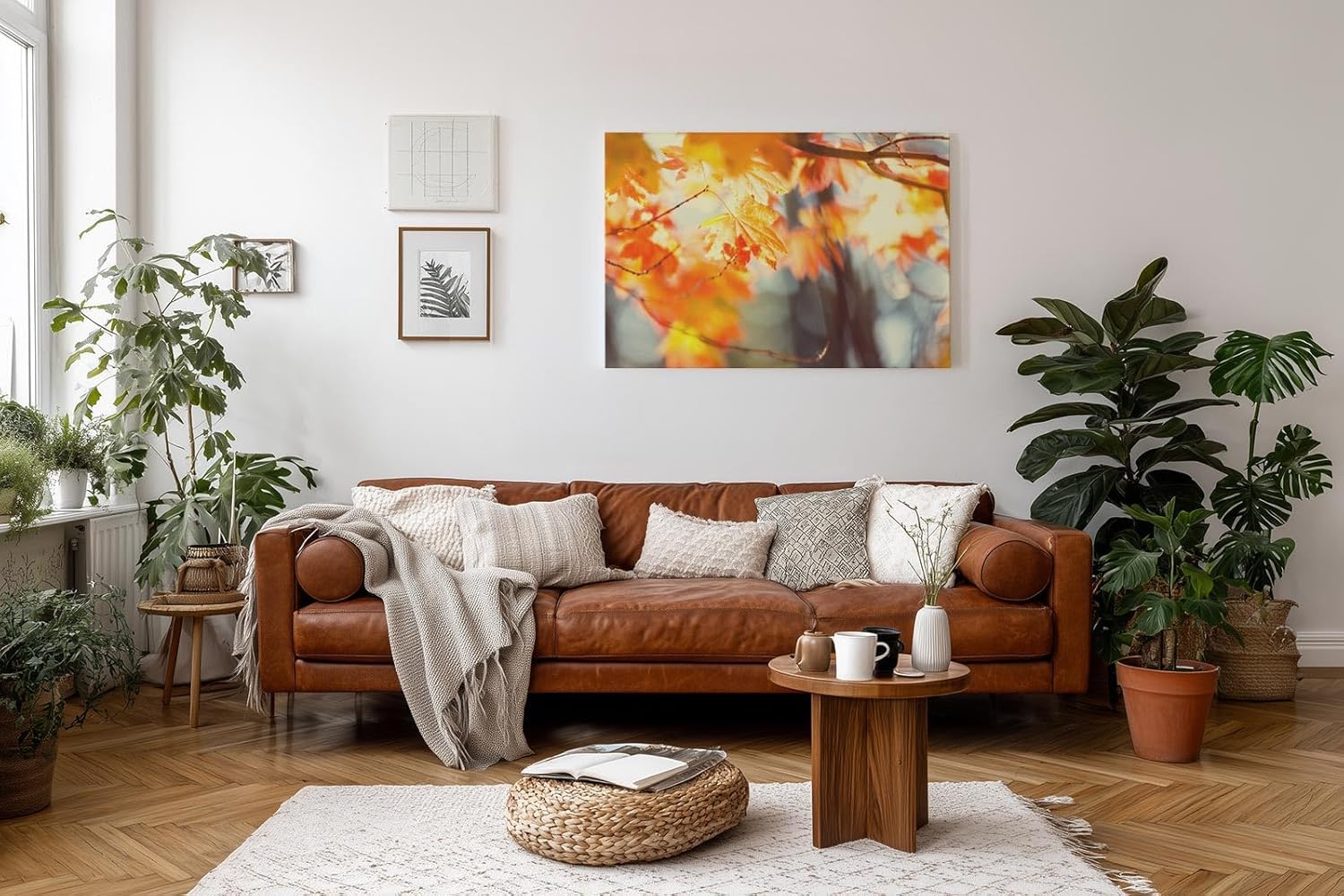 Sinus Art Wandbild 120x80cm Warmes Herbstlaub im Licht für stimmungsvolle und behagliche Wohnatmosphäre