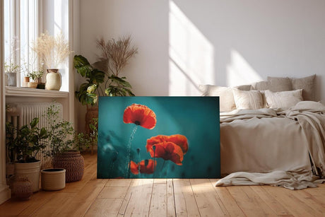 Sinus Art Wandbild 120x80cm Leuchtende Mohnblüten heben sich kontrastreich vom dunklen Hintergrund ab