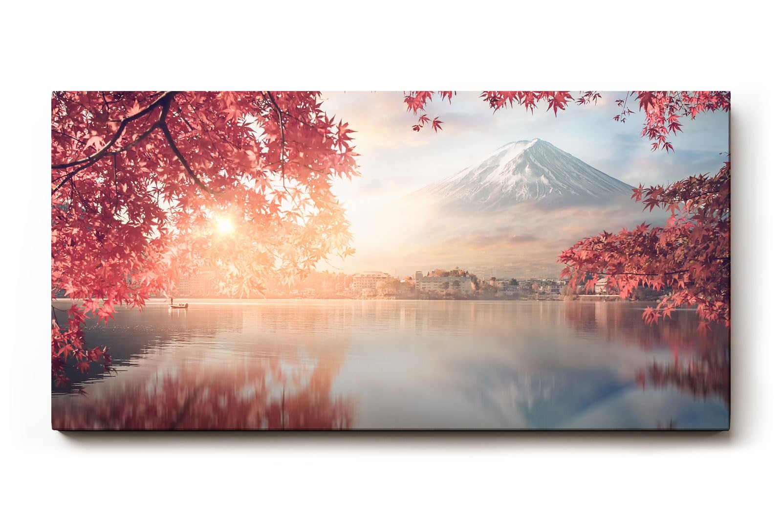Sinus Art Wandbild 120x80cm Blick auf schneebedeckten Fuji hinter rosa Blüten über stillem Wasser