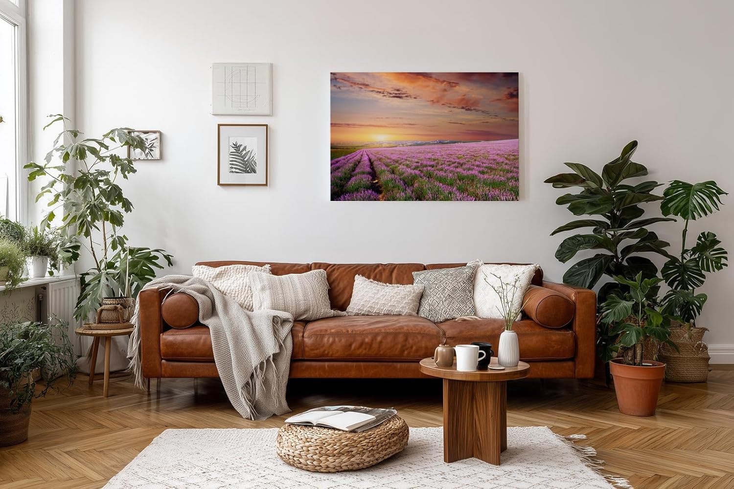 Sinus Art Wandbild 120x80cm Unendliches Lavendelfeld im warmen Licht des Sonnenuntergangs – beruhigend und harmonisch