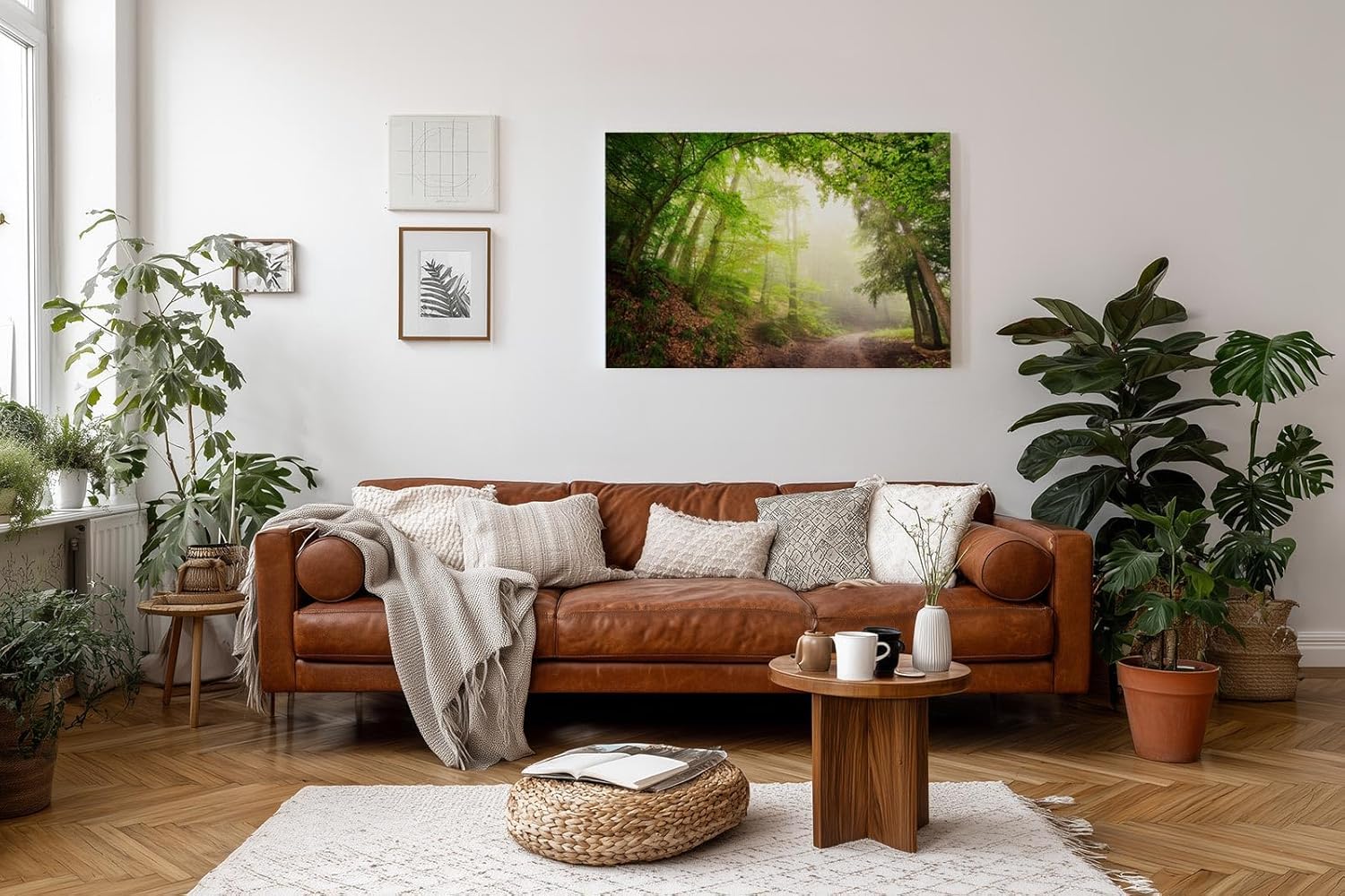 Sinus Art Wandbild 120x80cm Faszinierender Waldweg mit mystischem Nebel für Ruhe und Tiefe in jedem Raum