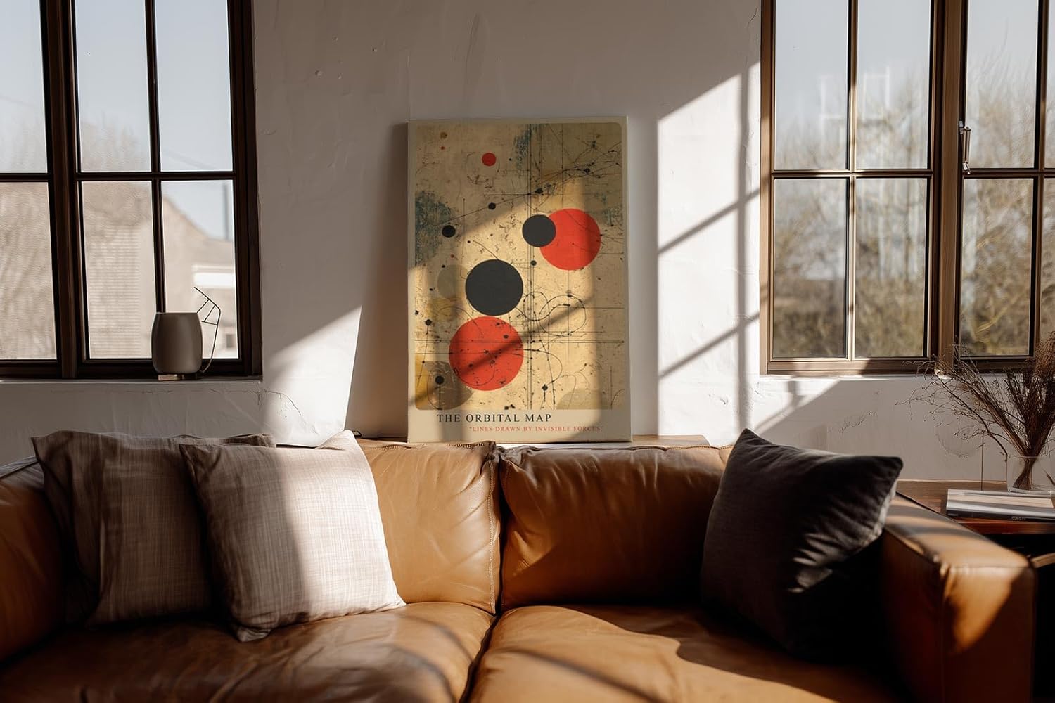 Paul Sinus Wandbild in 40x60cm The Orbital Map – Abstraktes Spiel aus roten und schwarzen Kreisen auf beigem Hintergrund mit feinen Linien wie unsichtbare Kräfte