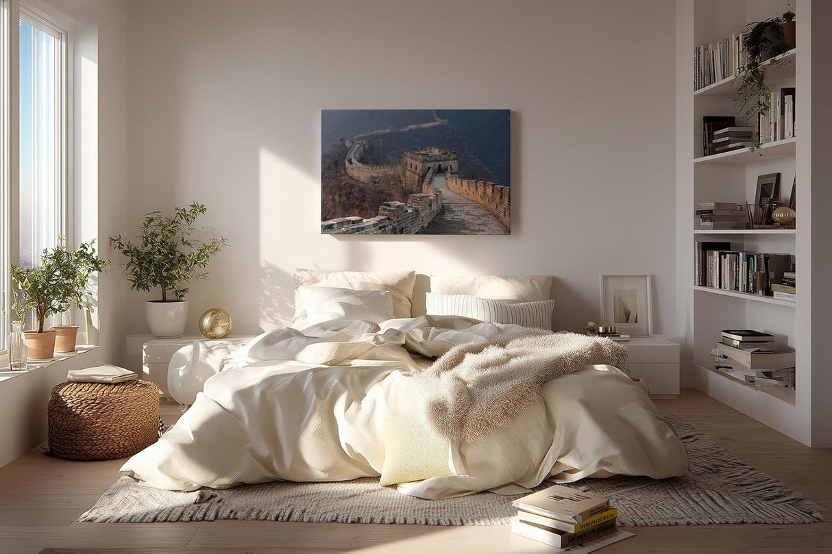Sinus Art Wandbild 120x80cm Verlaufende Mauerzüge durch hügelige Landschaft in weichem Licht