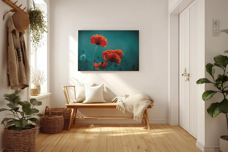 Sinus Art Wandbild 120x80cm Leuchtende Mohnblüten heben sich kontrastreich vom dunklen Hintergrund ab