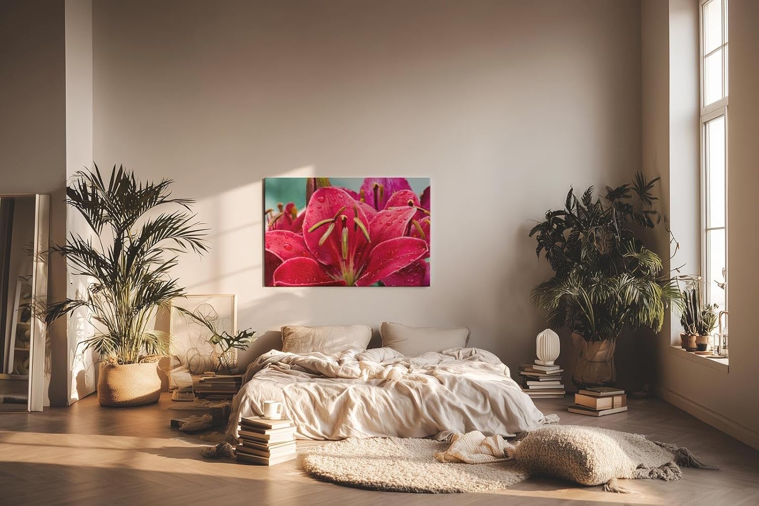 Sinus Art Wandbild 120x80cm Faszinierende Makroaufnahme einer roten Lilie mit feinen Regentropfen