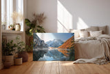 Sinus Art Wandbild 120x80cm Spiegelglatter See vor verschneiten Bergen und herbstlich gefärbtem Wald