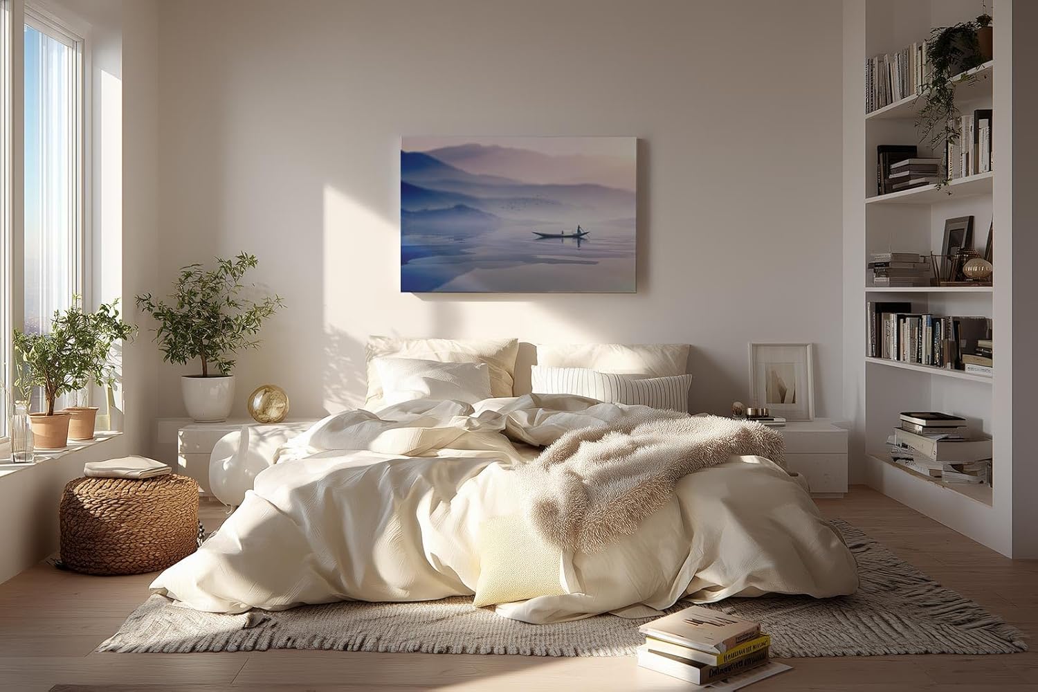 Sinus Art Wandbild 120x80cm Stilles Wasser, Fischerboot und pastellfarbene Hügel – harmonisch, leicht und beruhigend