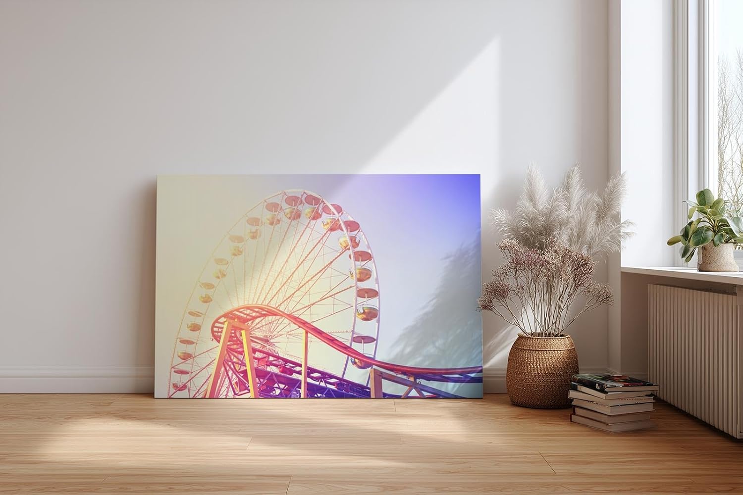 Sinus Art Wandbild 120x80cm Farbenfrohes Riesenrad mit Achterbahn im Vordergrund für nostalgische Dynamik