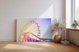Sinus Art Wandbild 120x80cm Farbenfrohes Riesenrad mit Achterbahn im Vordergrund für nostalgische Dynamik