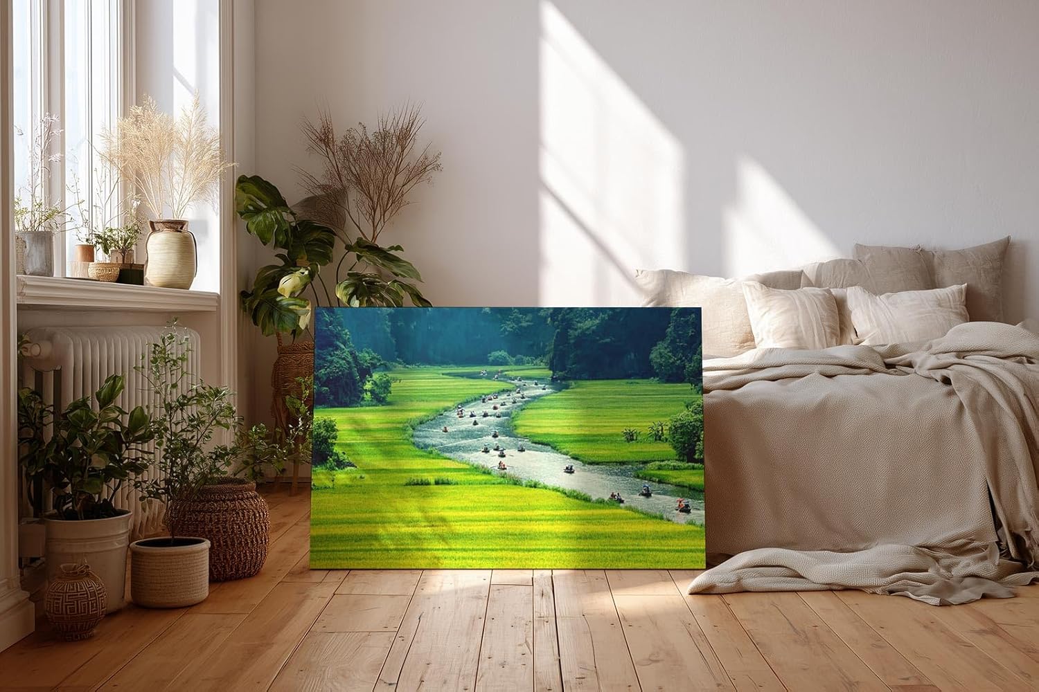 Sinus Art Wandbild 120x80cm Schmaler Fluss mit vielen Booten zwischen satten Reisfeldern in leuchtendem Grün
