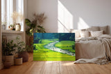 Sinus Art Wandbild 120x80cm Schmaler Fluss mit vielen Booten zwischen satten Reisfeldern in leuchtendem Grün