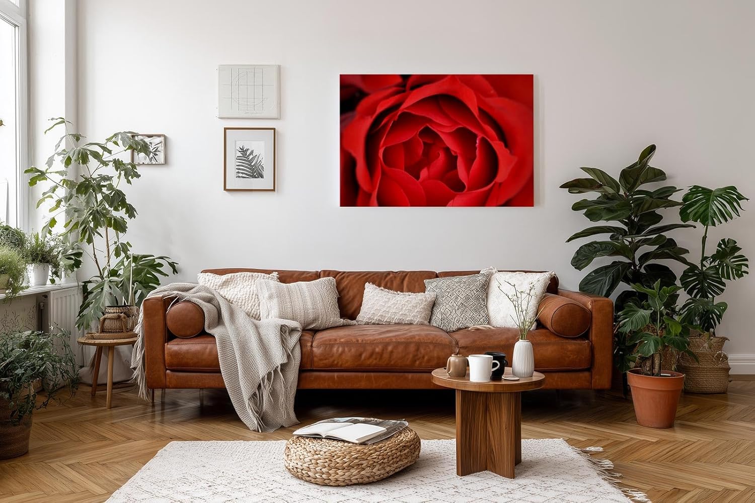 Sinus Art Wandbild 120x80cm Detailreiche Nahaufnahme einer geöffneten roten Rose mit sanft geschwungenen Blütenblättern