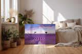 Sinus Art Wandbild 120x80cm Perfekt ausgerichtete Lavendelreihen unter farbigem Himmel für meditative Raumwirkung