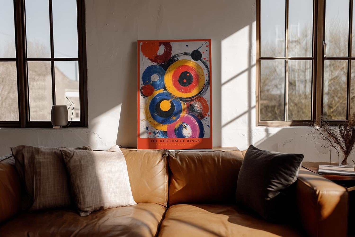 Paul Sinus Wandbild in 40x60cm The Rhythm of Rings – Lebendige Komposition aus farbkräftigen Kreisen in Gelb, Rot, Blau, Pink und Schwarz mit dynamischen Pinselspuren