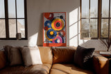 Paul Sinus Wandbild in 40x60cm The Rhythm of Rings – Lebendige Komposition aus farbkräftigen Kreisen in Gelb, Rot, Blau, Pink und Schwarz mit dynamischen Pinselspuren