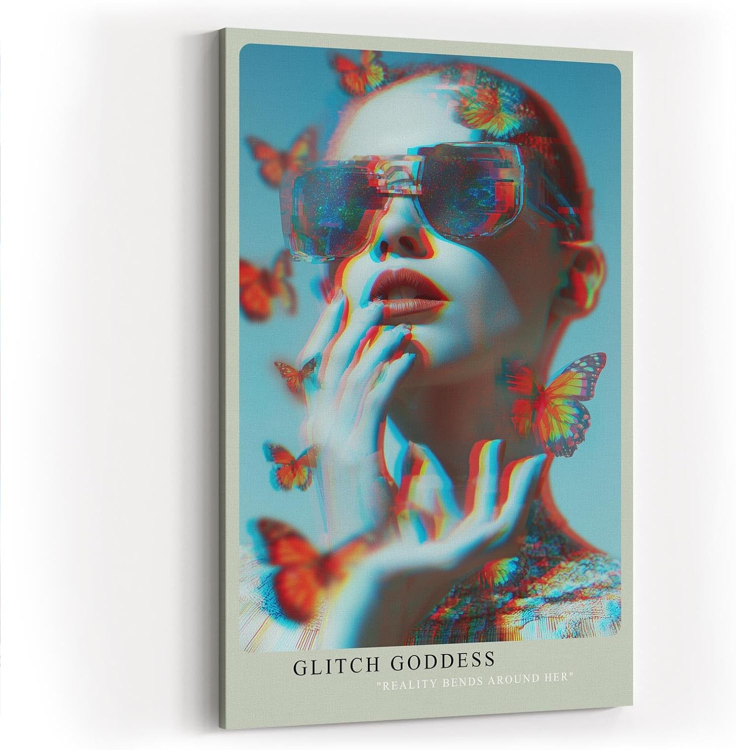 Paul Sinus Wandbild in 40x60cm Glitch Goddess – Futuristisches Porträt einer Frau mit digitalem Glitch-Effekt und Schmetterlingen