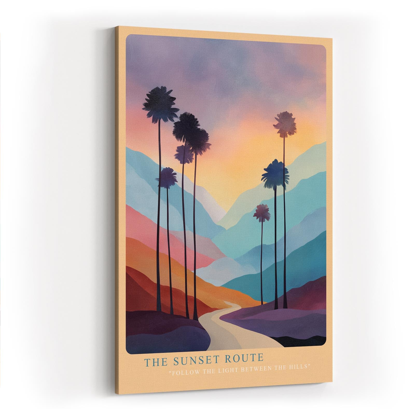 Paul Sinus Wandbild in 40x60cm The Sunset Route – farbenprächtige Palmenlandschaft im Licht des Sonnenuntergangs, moderne Wandkunst