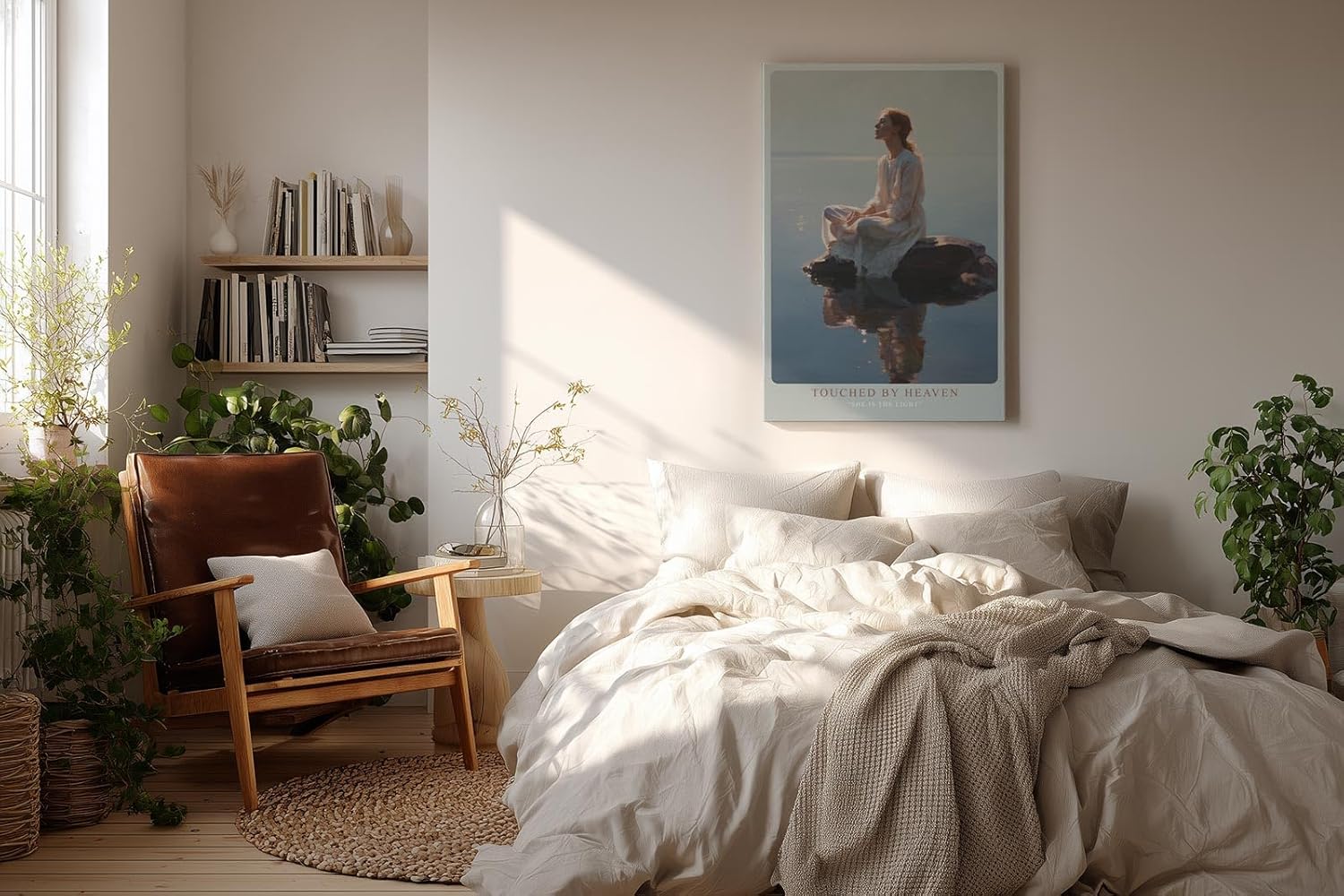 Paul Sinus Wandbild in 40x60cm Touched by Heaven – Ausdrucksstarkes Porträt einer Frau im weißen Kleid, sitzend auf einem Felsen im Wasser bei sanftem Tageslicht
