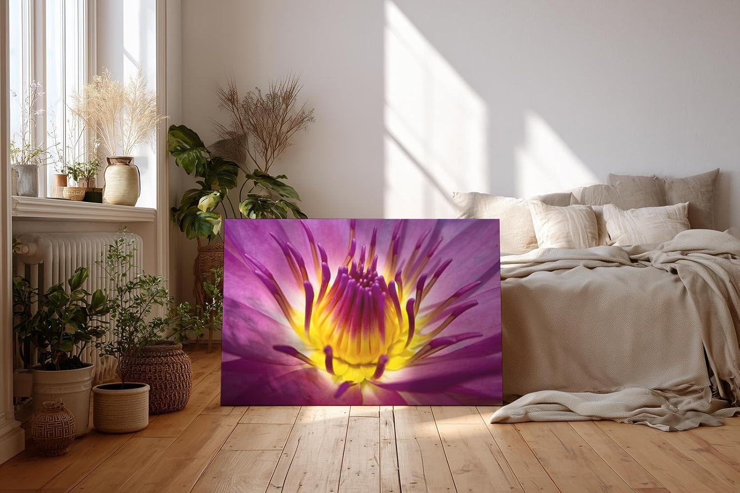 Sinus Art Wandbild 120x80cm Lotusblume in Violett mit leuchtendem Inneren – kraftvoll, symbolisch und beruhigend