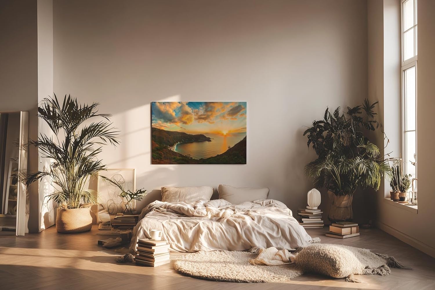 Sinus Art Wandbild 120x80cm Atemberaubender Sonnenuntergang über Küstenlinie mit weichem Farbverlauf