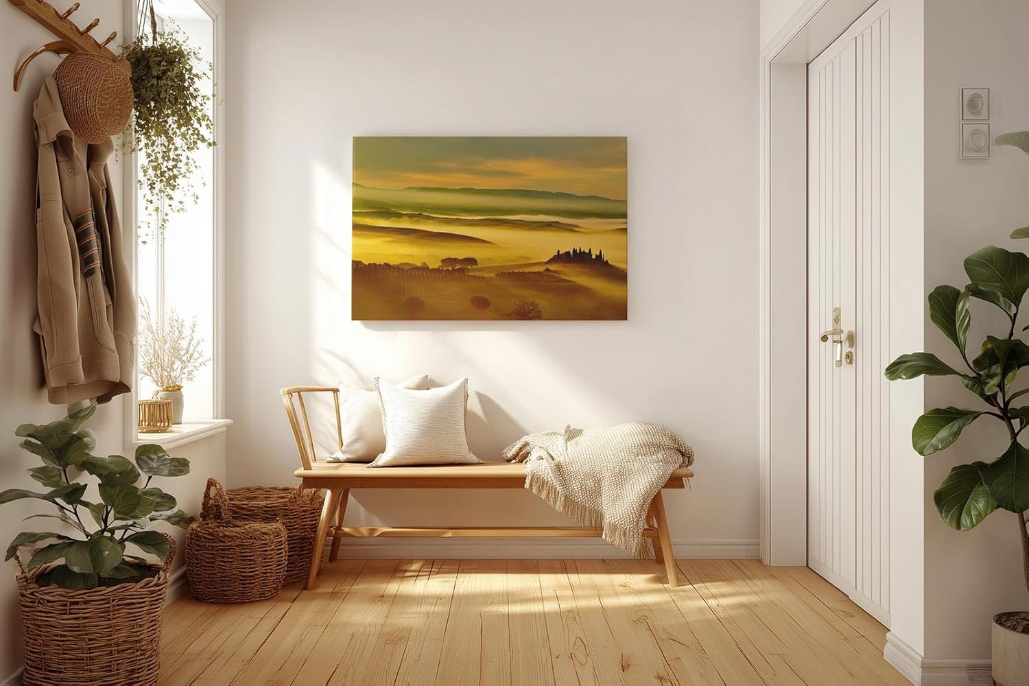 Sinus Art Wandbild 120x80cm Malerische Landschaft der Toskana mit Nebelfeldern und Sonnenlicht – beruhigend und träumerisch