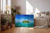 Sinus Art Wandbild 120x80cm Kleine tropische Insel mit Palmen und weißem Strand im türkisfarbenen Wasser