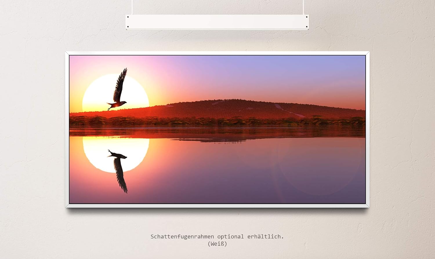 Adler in einer Seen Landschaft ca. 130x70cm Wandbild inklusive Schattenfugenrahmen weiss - Panorama Leinwand Bild XXL Format Wandbilder Wohnzimmer Wohnung Deko Kunstdrucke
