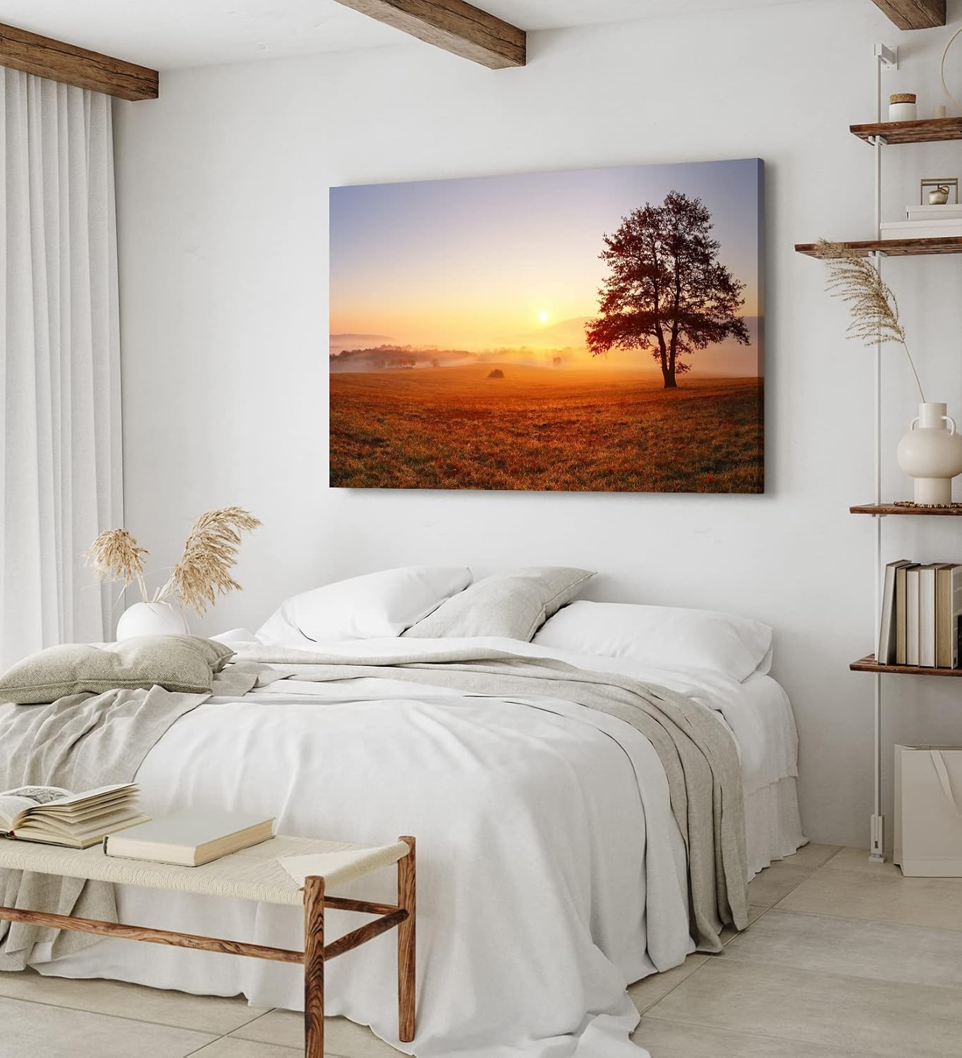 Paul Sinus Wandbild 120x80cm Baum Morgentau Sonnenaufgang Feld Natur Nebel